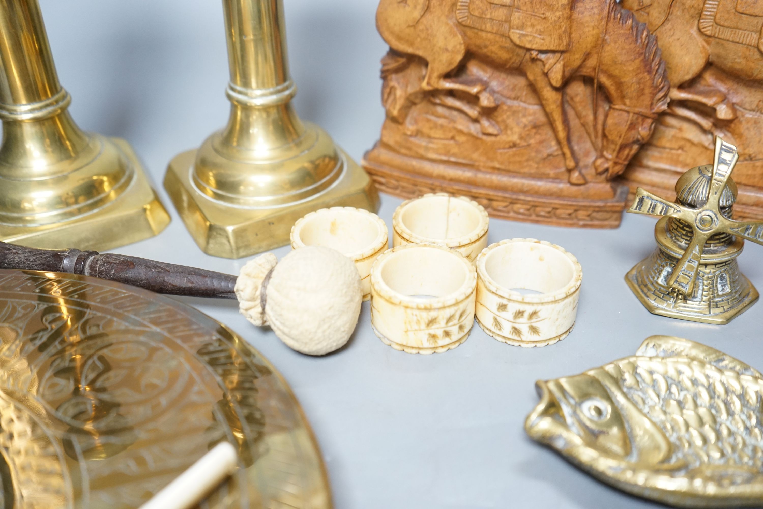 Mixed brass wares, candlesticks, gong etc together with mixed collectibles - music box, ivory, bone etc